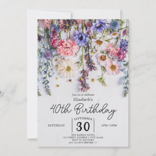 Watercolor Pastels Wildflowers 40th birthday Invitation