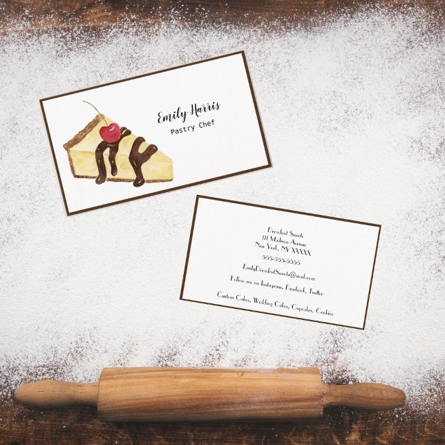 Watercolor Pastry Chef Cheesecake Business Card (Elevate your Pastry Creations with Exquisite Watercolor Cheesecakes Business Card.)
