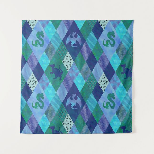 Watercolor Patchwork Dragon in Blue and Green Tapestry (Front)