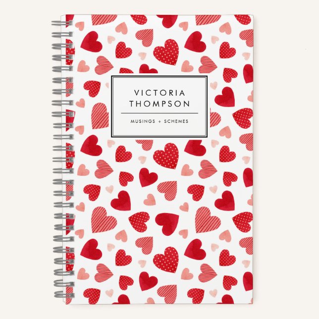 Watercolor Patchwork Red Hearts Pattern Notebook (Front)