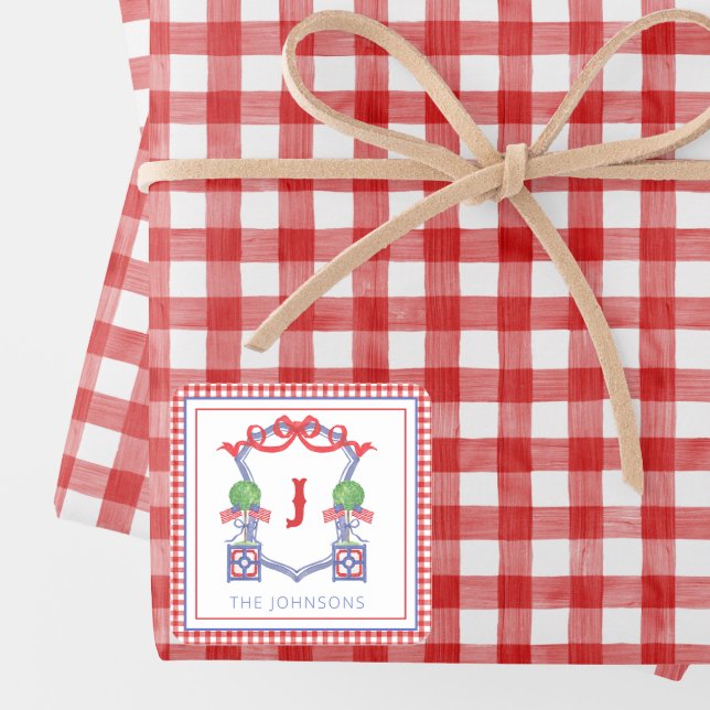 Watercolor Patriotic American Flag Topiary Crest Square Sticker (Creator Uploaded)