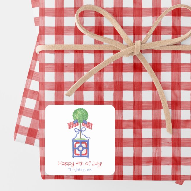 Watercolor Patriotic American Flag Topiary Gift Square Sticker (Creator Uploaded)
