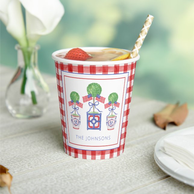 Watercolor Patriotic American Flag Topiary Paper Cups (Insitu)