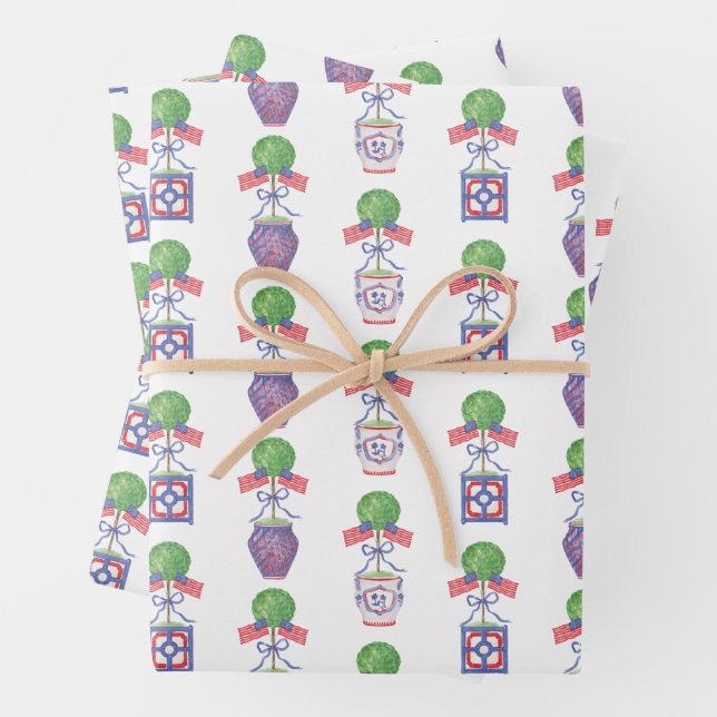 Watercolor Patriotic American Flag Topiary Wrapping Paper Sheet (In situ)