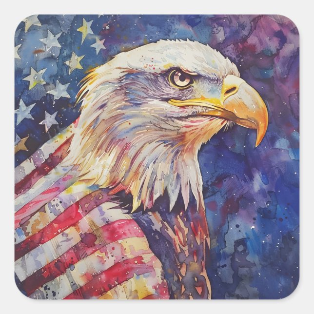 Watercolor Patriotic Bald Eagle American flag Square Sticker (Front)