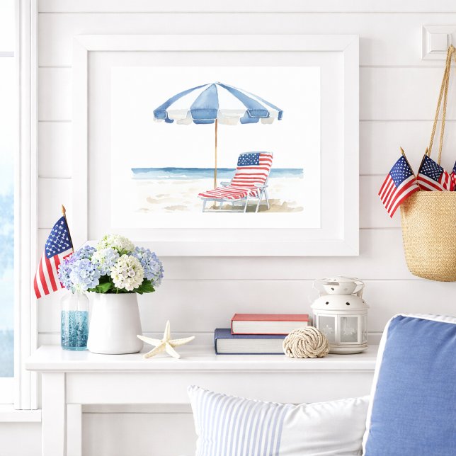 Watercolor Patriotic Red White & Blue Beach Scene Poster (Creator Uploaded)