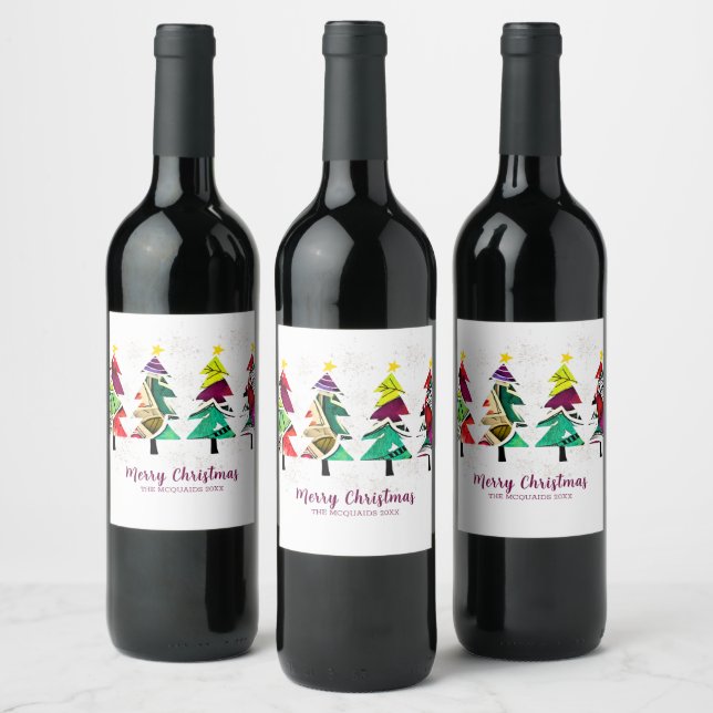 Watercolor Pattern Christmas Trees  Wine Label (Bottles)