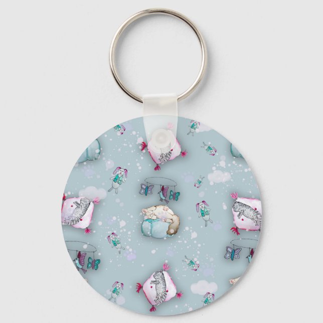 Watercolor pattern cute sleeping kittens and their keychain (Front)