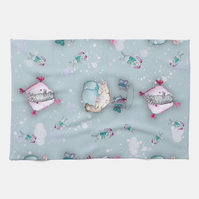Watercolor pattern cute sleeping kittens and their kitchen towel (Horizontal)