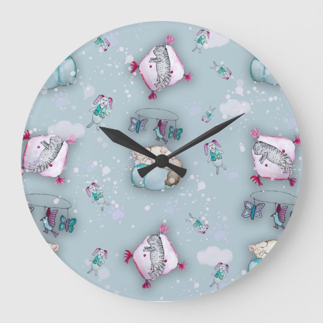 Watercolor pattern cute sleeping kittens and their large clock (Front)