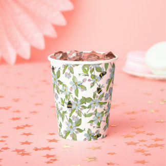 Watercolor pattern garden blooms and bumblebees paper cups