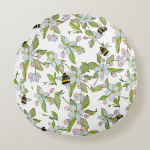 Watercolor pattern garden blooms and bumblebees round pillow