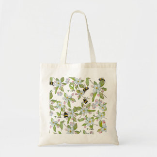 Watercolor pattern garden blooms and bumblebees tote bag