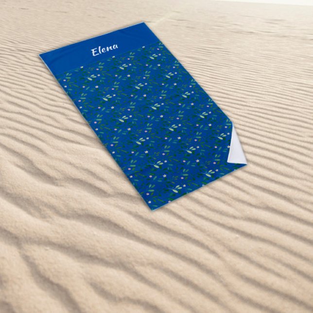 Watercolor pattern green leaf name blue beach towel (Creator Uploaded)
