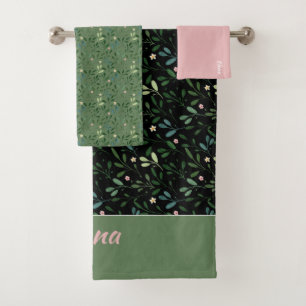 Watercolor pattern green leaf name pink bath towel