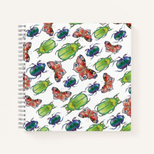 Watercolor pattern of beetles and butterflies notebook