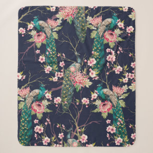 watercolor pattern peacock on a tree cherry,flower sherpa blanket