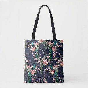 watercolor pattern peacock on a tree cherry,flower tote bag
