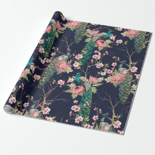 watercolor pattern peacock on a tree cherry,flower wrapping paper