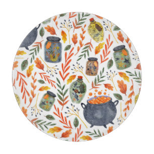 Watercolor Pattern with Autumn Foliage. Cutting Board