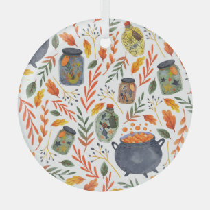 Watercolor Pattern with Autumn Foliage. Glass Ornament