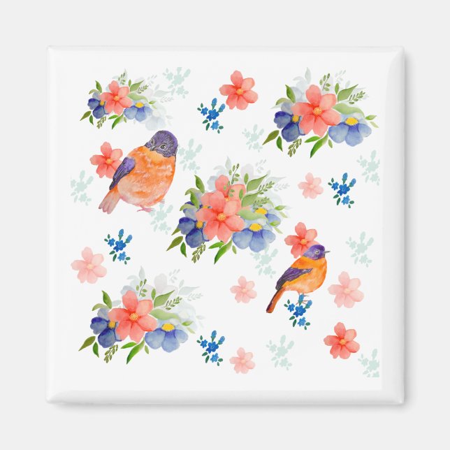 Watercolor pattern with birds and flowers magnet (Front)
