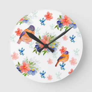 Watercolor pattern with birds and flowers round clock
