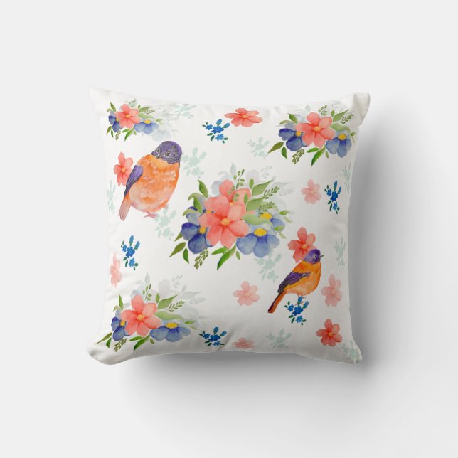 Watercolor pattern with birds and flowers throw pillow (Front)