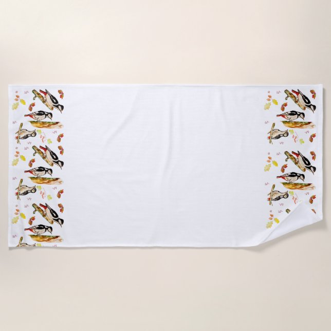 Watercolor pattern with birds woodpecker beach towel (Front)