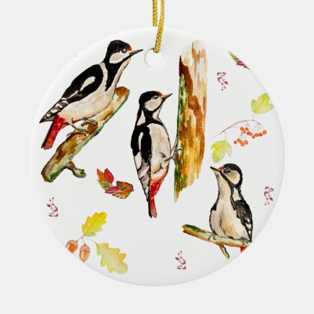 Watercolor pattern with birds woodpecker ceramic ornament (Front)