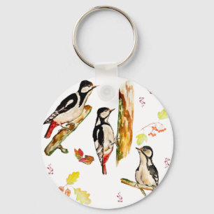 Watercolor pattern with birds woodpecker keychain