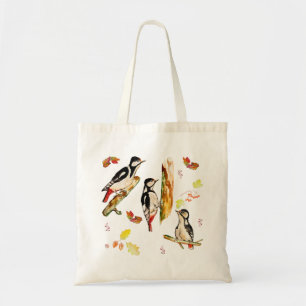Watercolor pattern with birds woodpecker tote bag