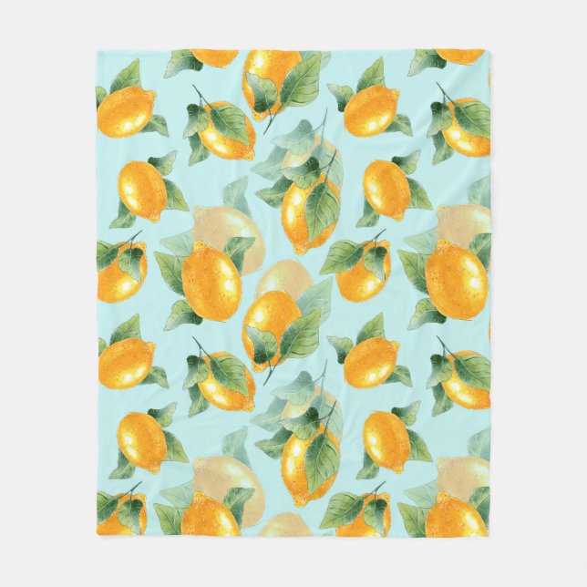 Watercolor pattern with lemons and leaves. Seamles Fleece Blanket (Front)