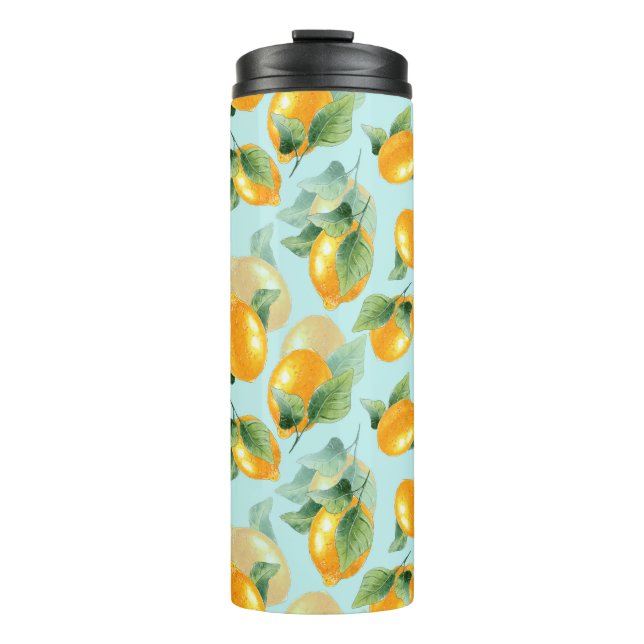Watercolor pattern with lemons and leaves. Seamles Thermal Tumbler (Front)