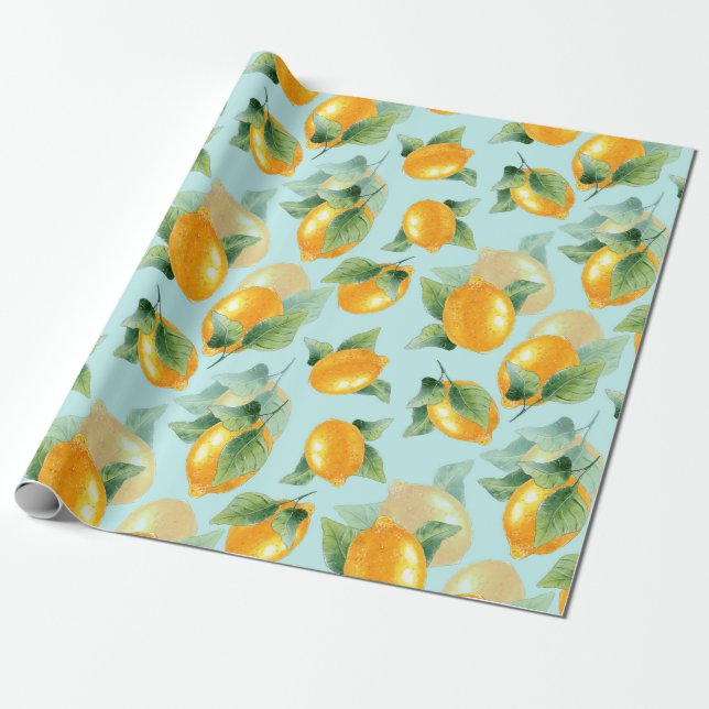 Watercolor pattern with lemons and leaves. Seamles Wrapping Paper (Unrolled)