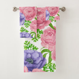 Watercolor pattern with peony and anemone flowers bath towel set