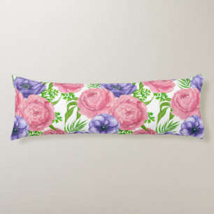 Watercolor pattern with peony and anemone flowers body pillow
