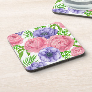 Watercolor pattern with peony and anemone flowers coaster