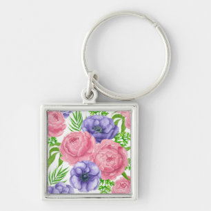 Watercolor pattern with peony and anemone flowers keychain