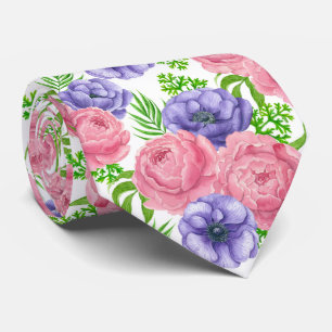 Watercolor pattern with peony and anemone flowers tie