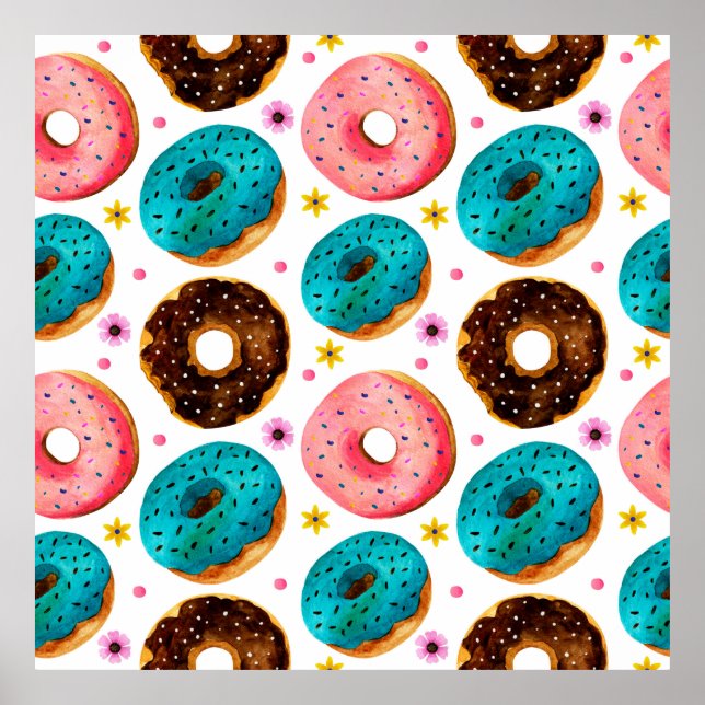 Watercolor pattern with pink, blue and chocolate d poster (Front)