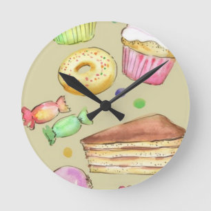 Watercolor pattern with sweets round clock