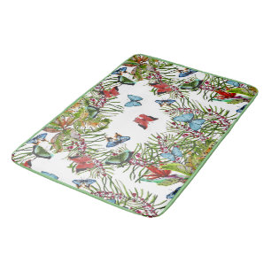 Watercolor Pattern with Tropical Plants Butterfly  Bath Mat