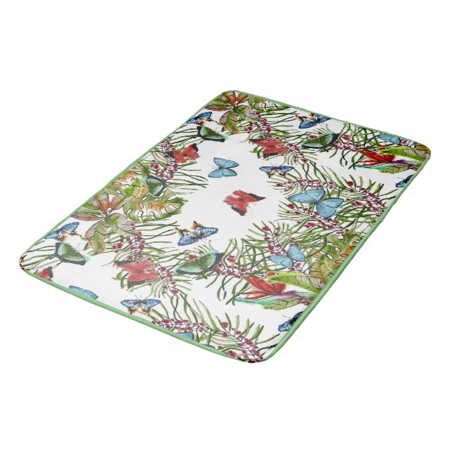 Watercolor Pattern with Tropical Plants Butterfly  Bath Mat (Angled)