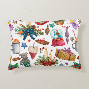 Watercolor Pattern with Vintage Christmas ornament Accent Pillow