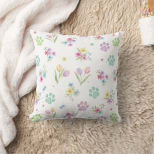 Watercolor Paw Print & Spring Floral Throw Pillow