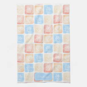 Watercolor Paw Prints & Hearts in Boxes Kitchen Towel