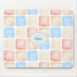 Watercolor Paw Prints & Hearts in Boxes Mouse Pad