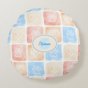 Watercolor Paw Prints & Hearts in Boxes Round Pillow