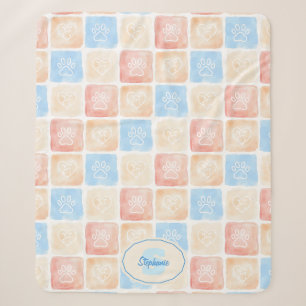 Watercolor Paw Prints & Hearts in Boxes Sherpa Blanket